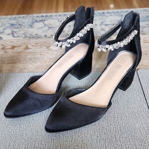 Elegant Black Satin Heels with Crystal Ankle Strap